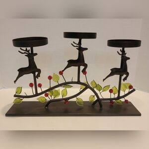 Classic Holiday Metal Candle Holder 3 Reindeer Red Berries & Green Leaves Used